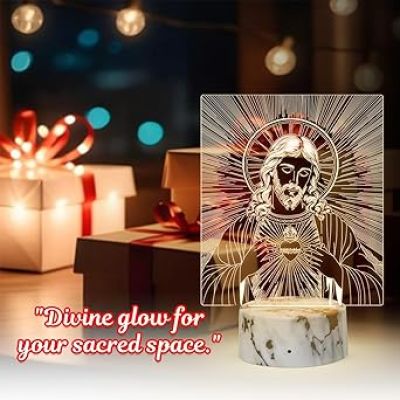 Jesus 3D Illusion Night Lamp with Warm White Light  Gift for Christian Friend  Christmas Decor Light  Home & Office Decor Light